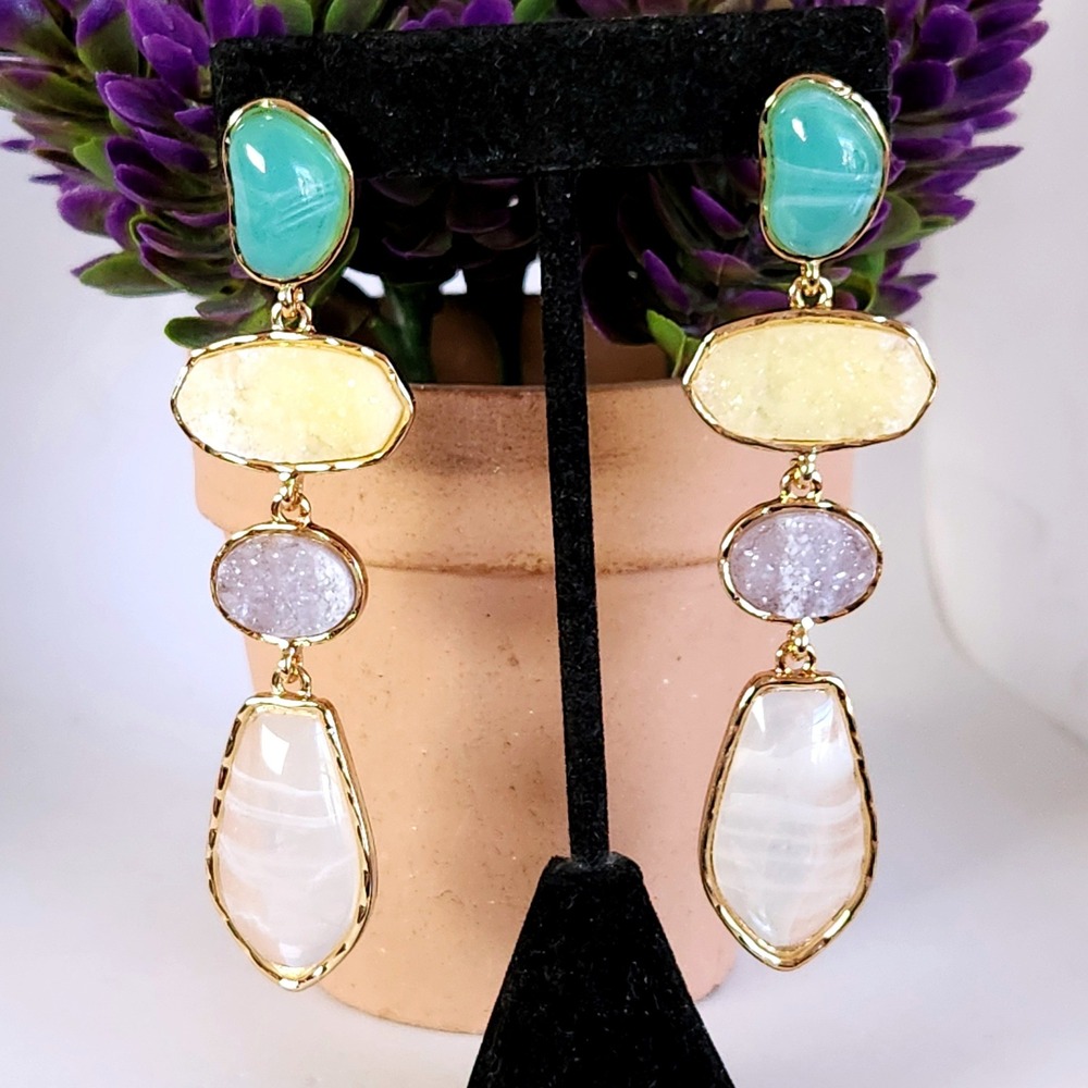 Gold Multi Color Stone Tiered Drop Earrings Teal Lavender White Boho Statement